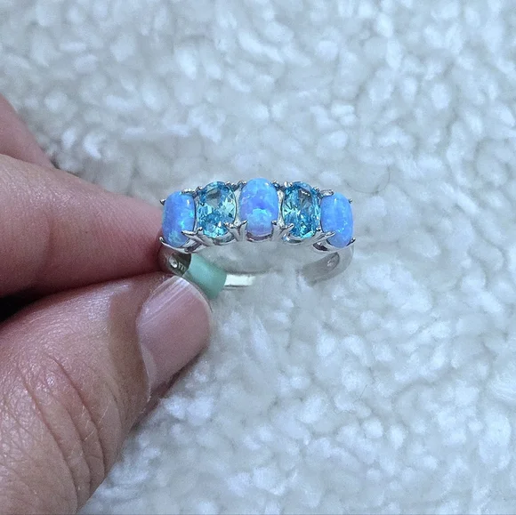 Cote d'Argent Blue🩵 Topaz And Lab🧪 Created Blue🩵 Fire🔥 Opal Heart Ring💍 - Picture 15 of 16